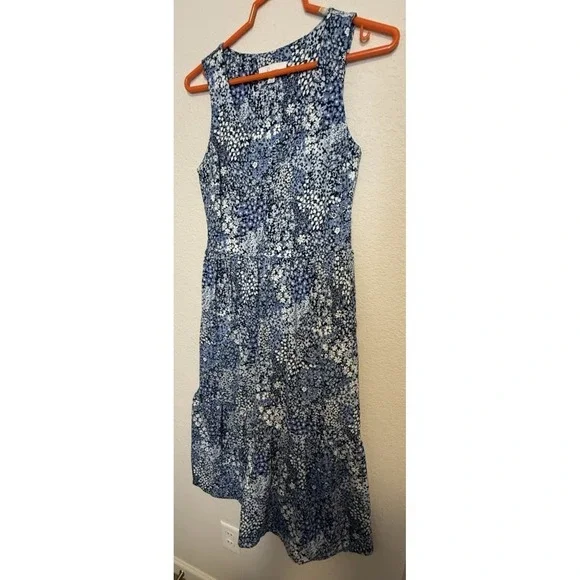 LOFT‎ X-Small Blue Floral Sleeveless Tiered Midi Dress Cottagecore Casual - Picture 3 of 5